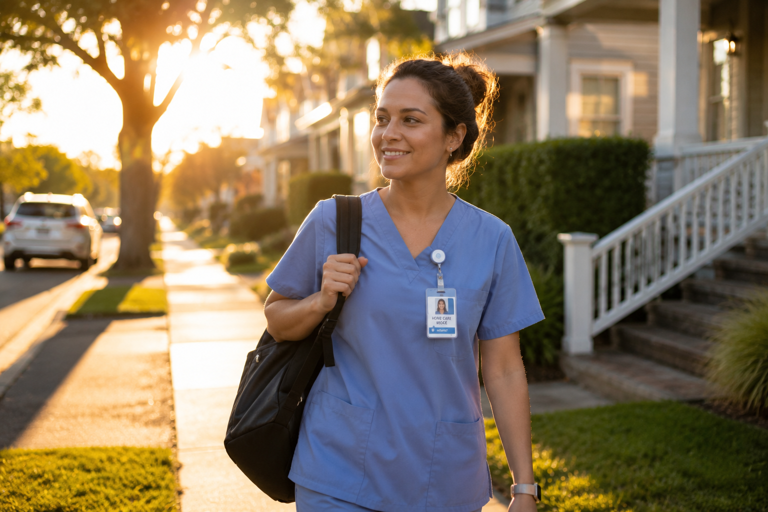 Home care nurse walking through a suburban neighborhood at golden hour.