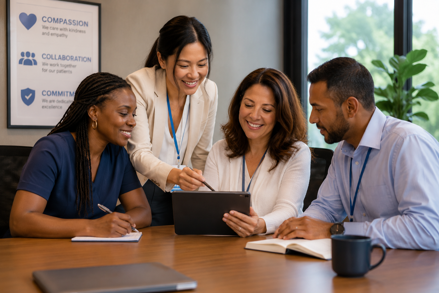 Care coordination team reviewing workflow details together on a tablet.