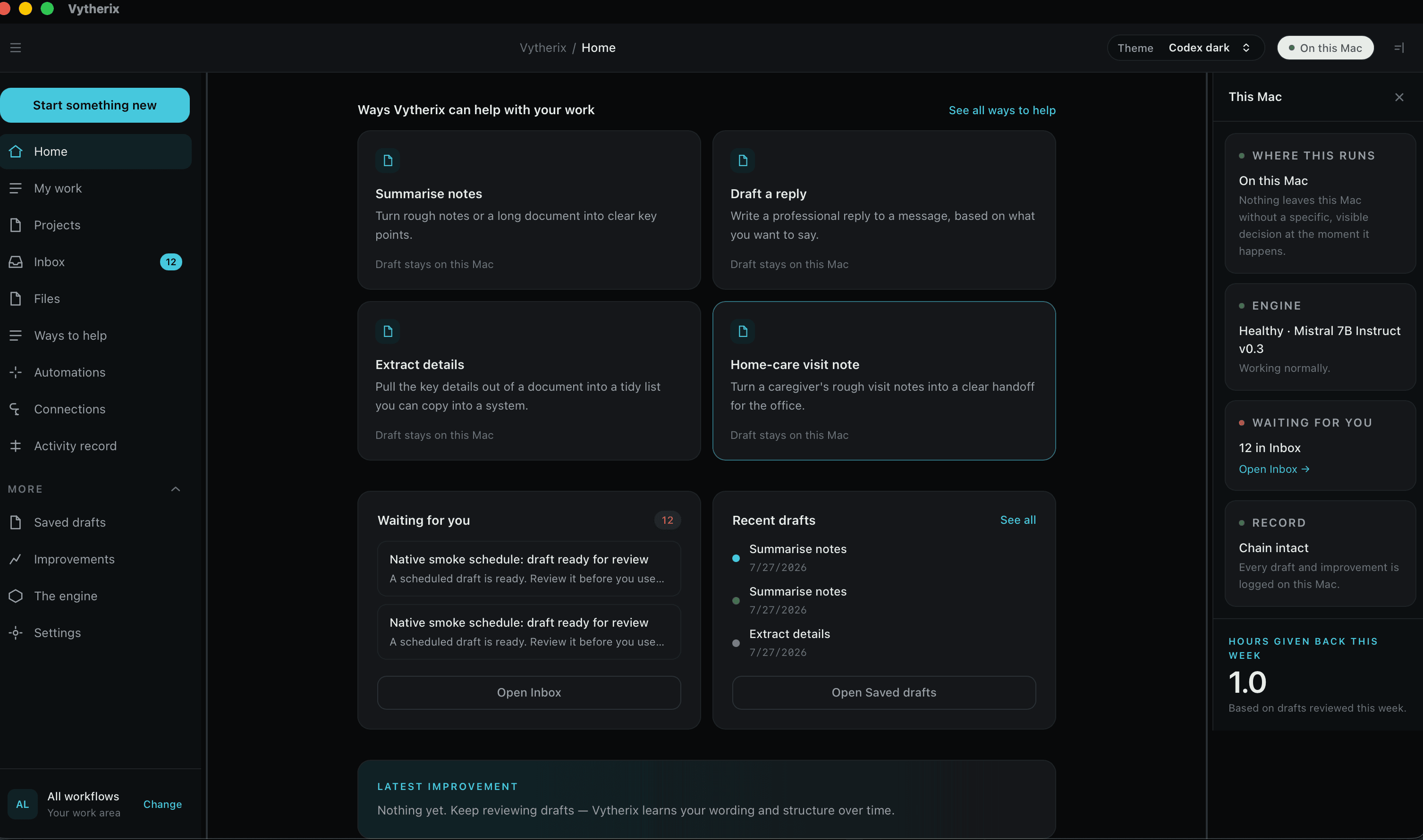 Vytherix Mac app in Codex Dark theme showing guided workflows, projects, Inbox, connections, activity record, and the local Mac status rail.