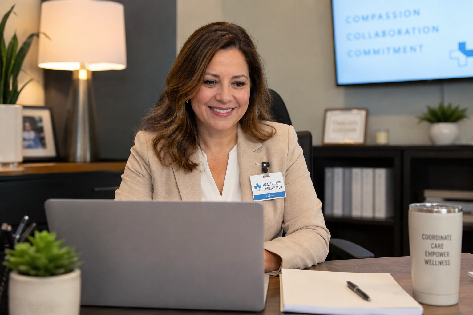 Healthcare coordinator smiling while using a laptop in a modern care office.